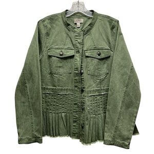 LOGO by Lori Goldstein Olive Utility Jacket Twill Pleated Peplum Hem Stretchy 14